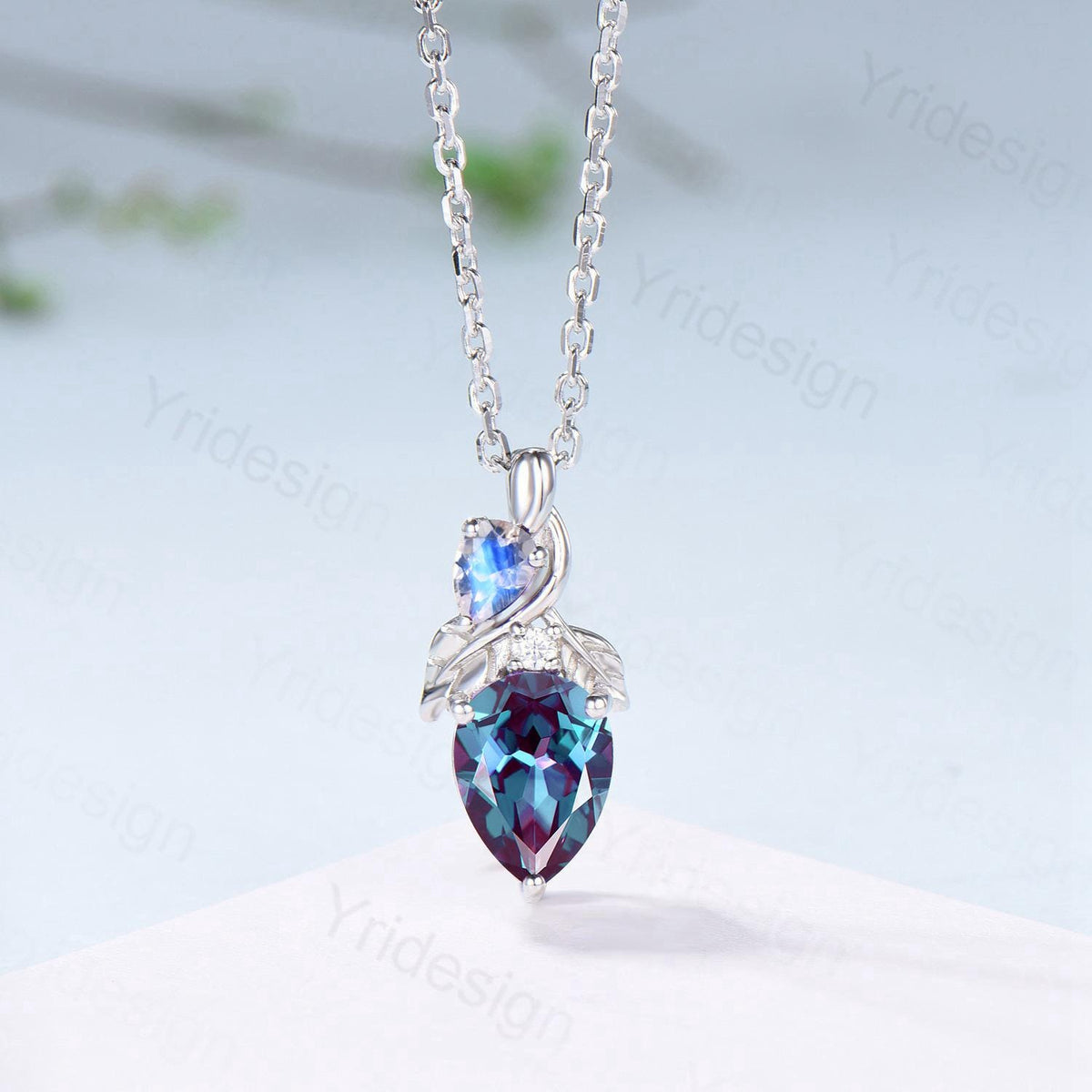 Pear Alexandrite Pendant Necklace, Moonstone Leaf Vine, Handmade