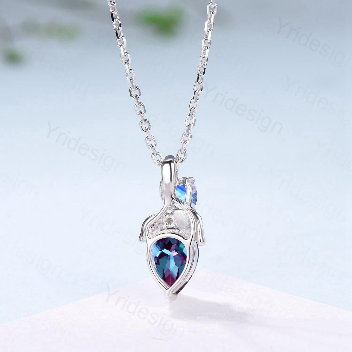 Pear Alexandrite Pendant Necklace, Moonstone Leaf Vine, Handmade
