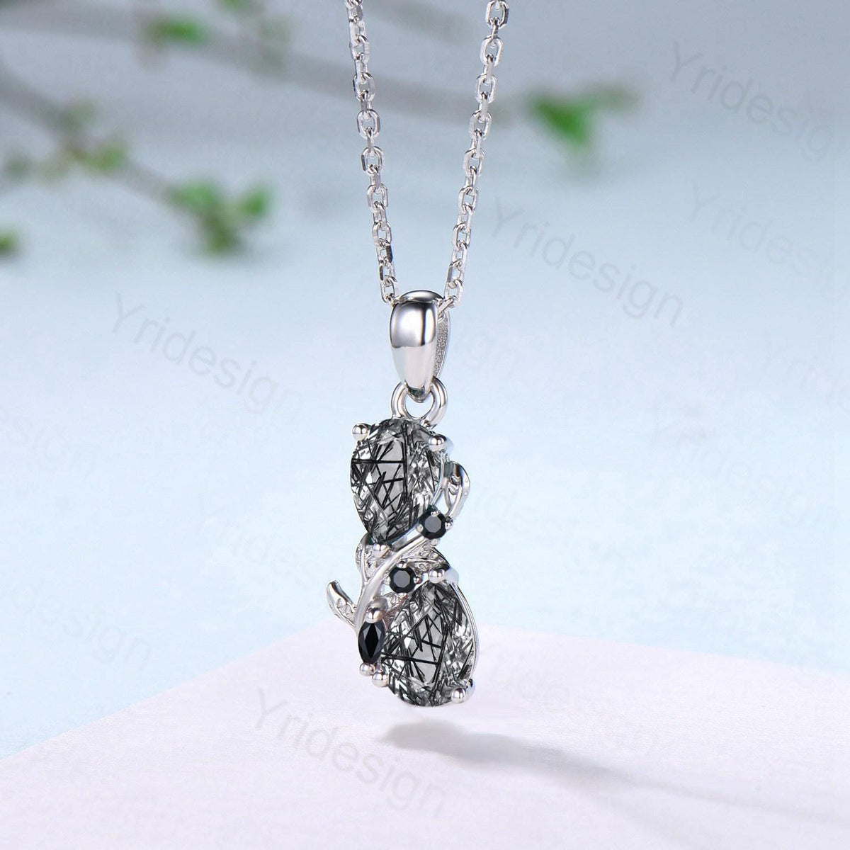 Black Rutilated Quartz Pendant Necklace, 14K Gold Branch & Spinel Accent