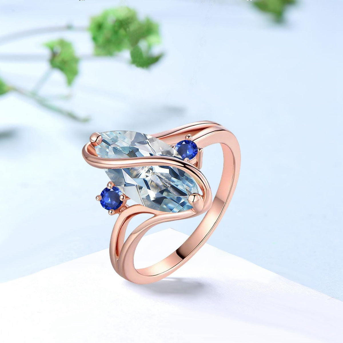 Marquise Aquamarine Engagement Ring, Split Shank, Sapphire Accents