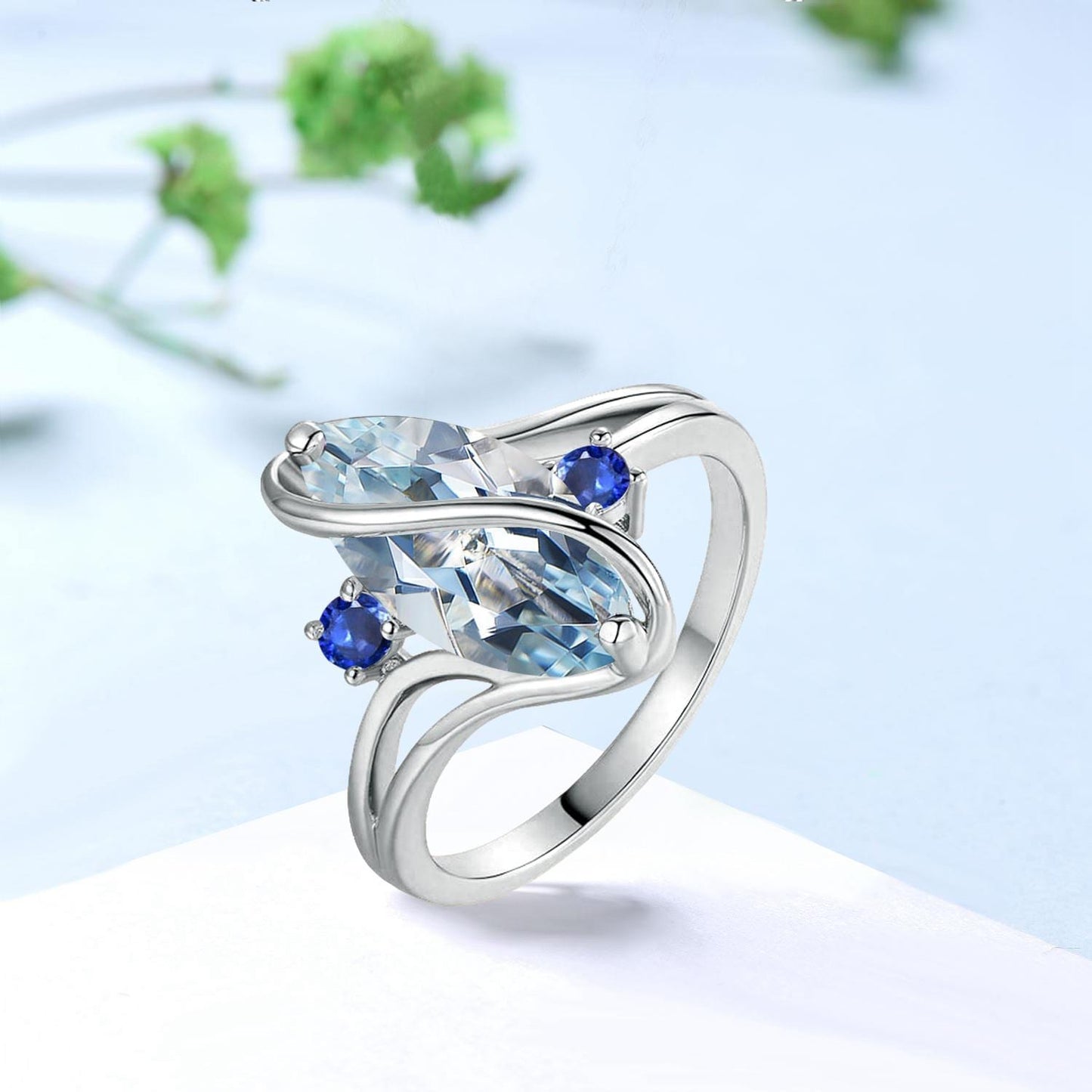 Marquise Aquamarine Engagement Ring, Split Shank, Sapphire Accents