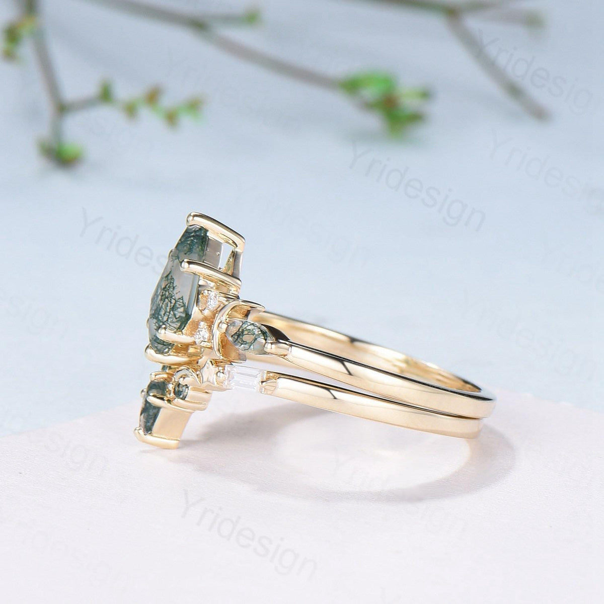 Yellow gold kite cut nature moss agate ring set Unique crescent moon star agate engagement ring Handmade anniversary gift Wedding bridal set