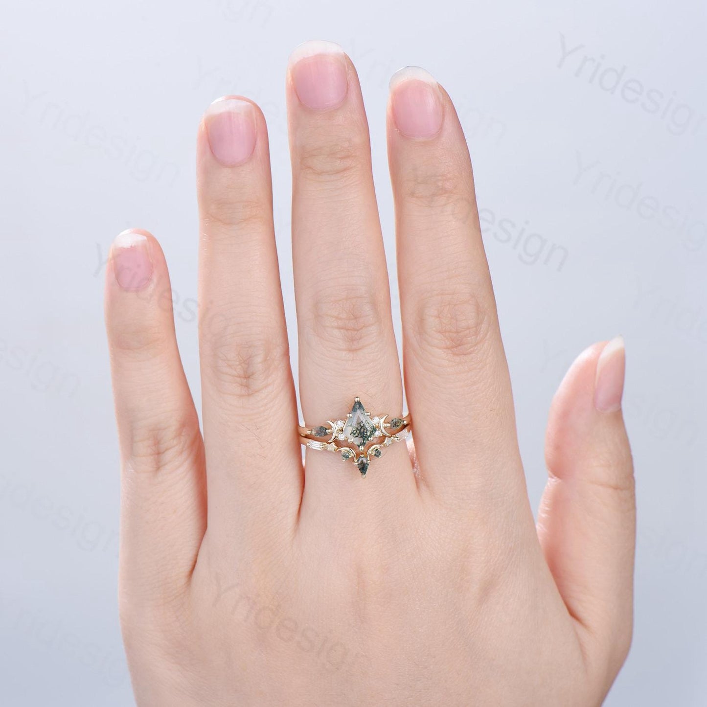 Yellow gold kite cut nature moss agate ring set Unique crescent moon star agate engagement ring Handmade anniversary gift Wedding bridal set