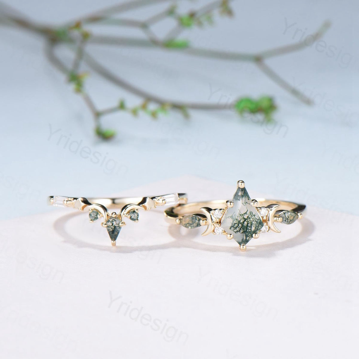 Yellow gold kite cut nature moss agate ring set Unique crescent moon star agate engagement ring Handmade anniversary gift Wedding bridal set