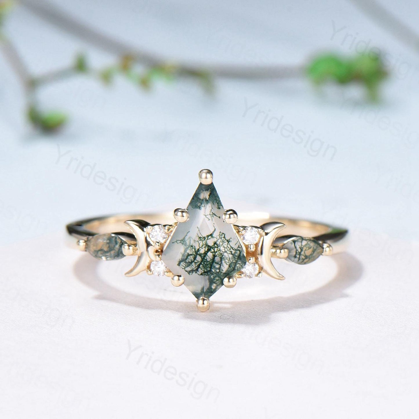 Yellow gold kite cut nature moss agate ring set Unique crescent moon star agate engagement ring Handmade anniversary gift Wedding bridal set