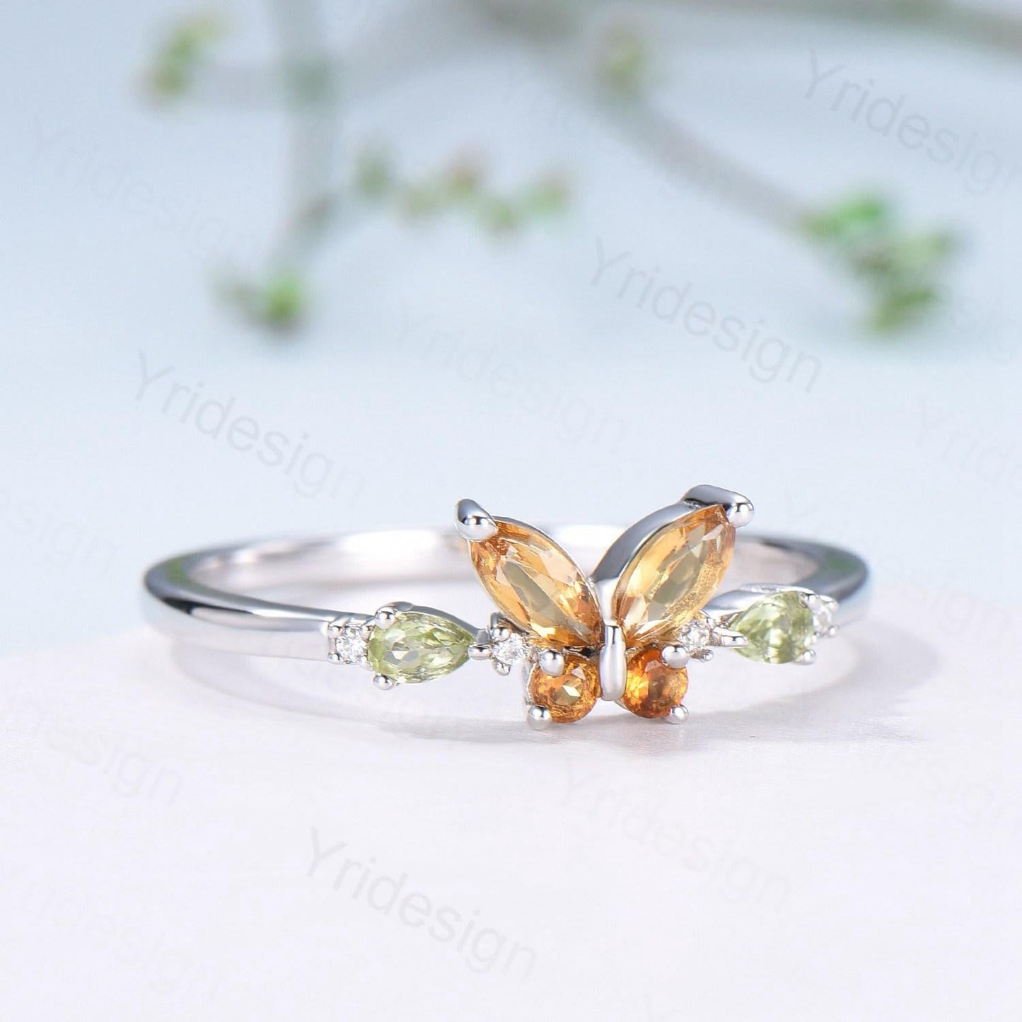 Unique Butterfly Citrine Peridot Engagement Ring Vintage Marquise Citrine Ring Pear Peridot Wedding Ring Anniversary Promise Birthstone Gift