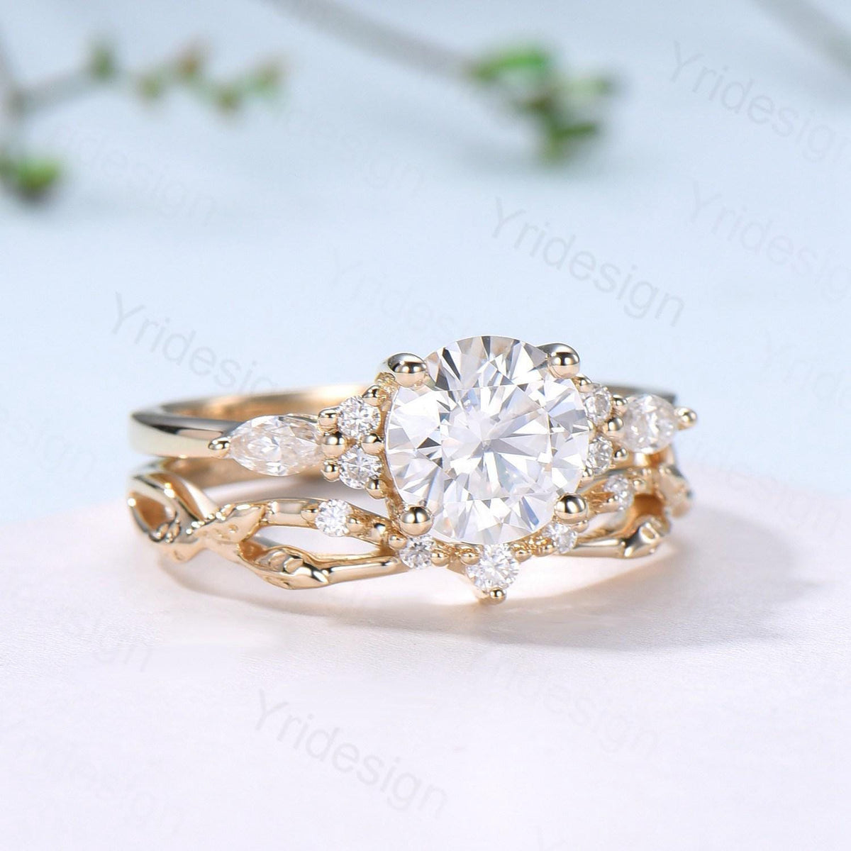 Vintage Round Cut Moissanite Engagement Ring Set 14K Yellow Gold Lab Grown Diamond Bridal Ring Set 2pcs Anniversary Promise Ring Set Women