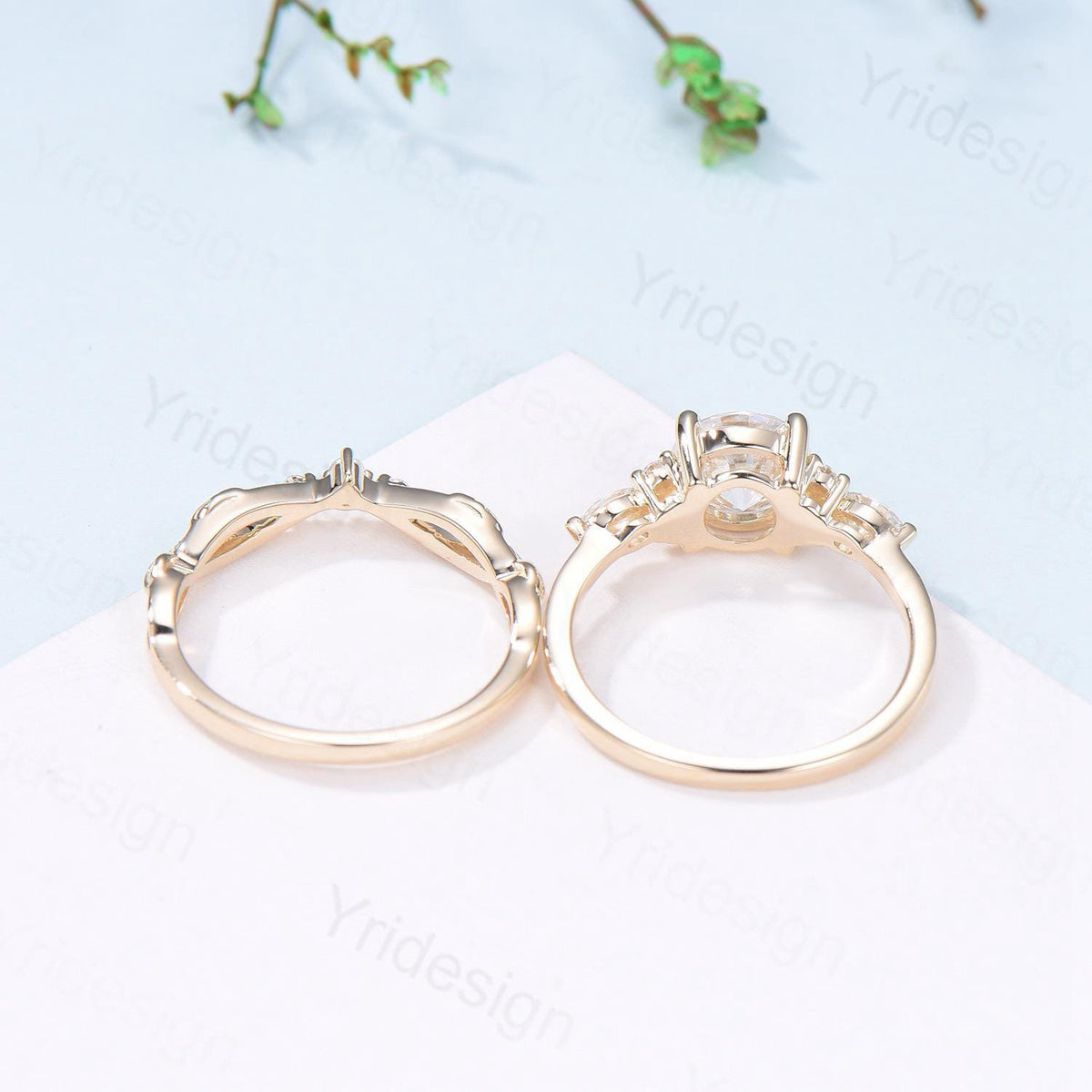 Vintage Round Cut Moissanite Engagement Ring Set 14K Yellow Gold Lab Grown Diamond Bridal Ring Set 2pcs Anniversary Promise Ring Set Women