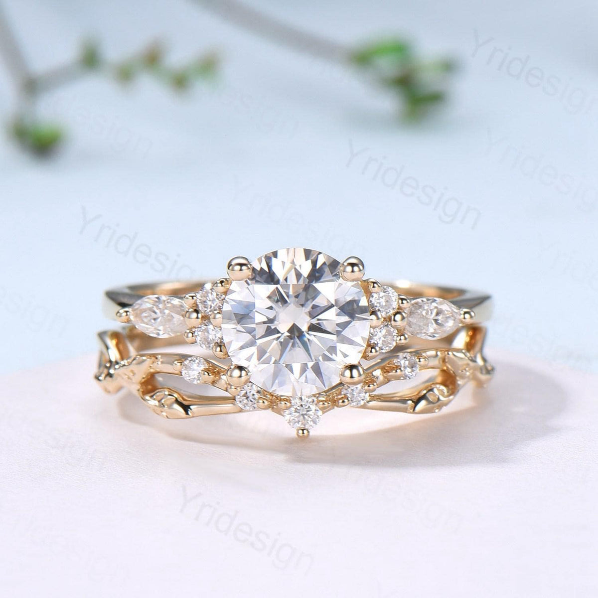 Vintage Round Cut Moissanite Engagement Ring Set 14K Yellow Gold Lab Grown Diamond Bridal Ring Set 2pcs Anniversary Promise Ring Set Women
