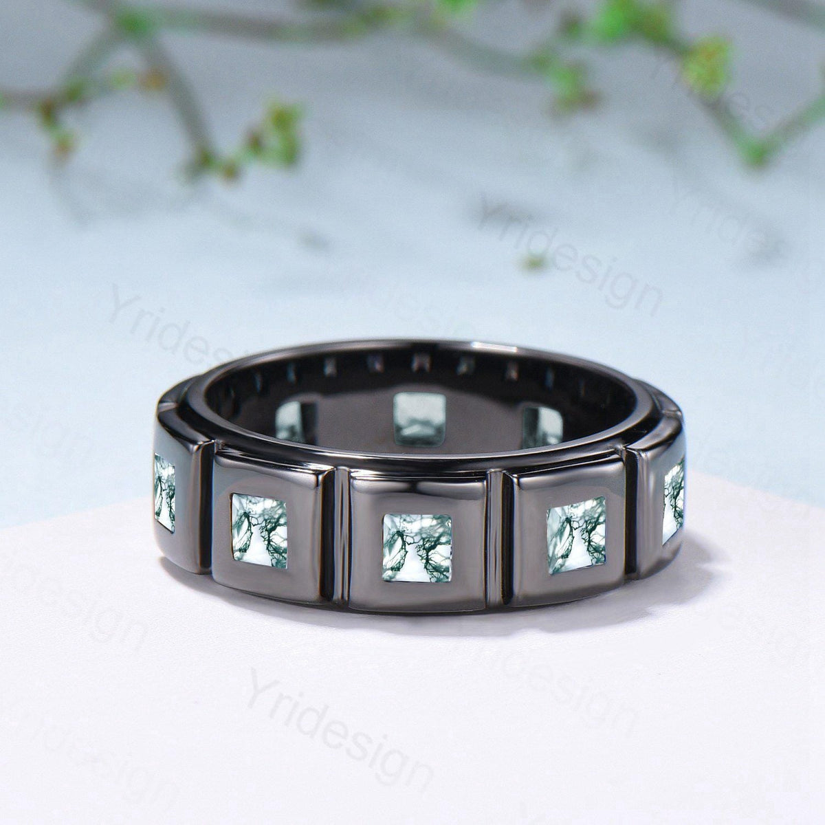 Black Gold Moss Agate Mens Wedding Band  Princess Cut Green Agate Men's Wedding Ring Anniversary Promise Stacking Matching Band Gift
