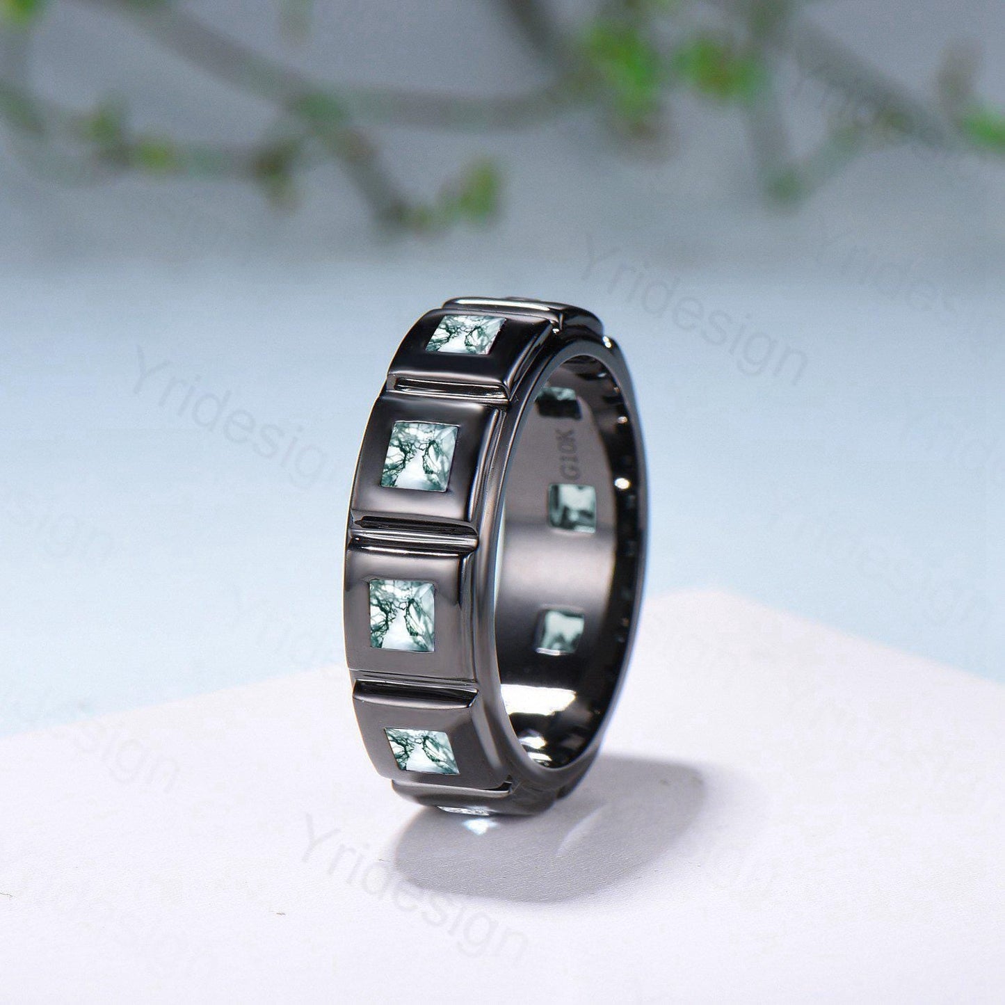 Black Gold Moss Agate Mens Wedding Band  Princess Cut Green Agate Men's Wedding Ring Anniversary Promise Stacking Matching Band Gift