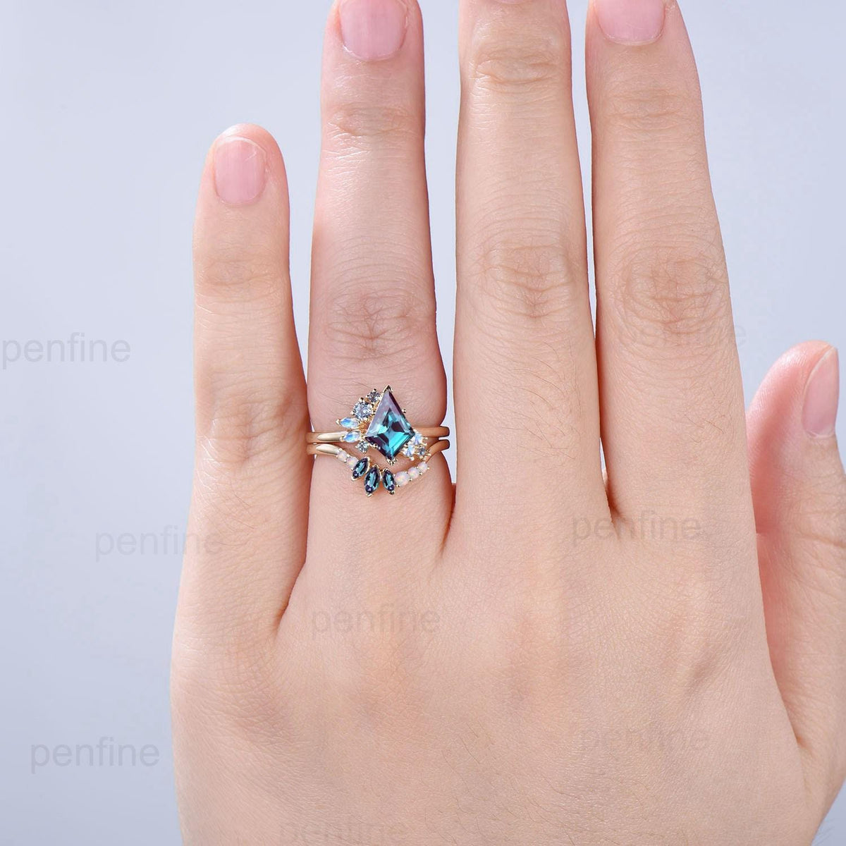 Vintage kite cut alexandrite ring cluster moonstone wedding ring June birthstone engagement ring Unique bridal wedding set anniversary gifts
