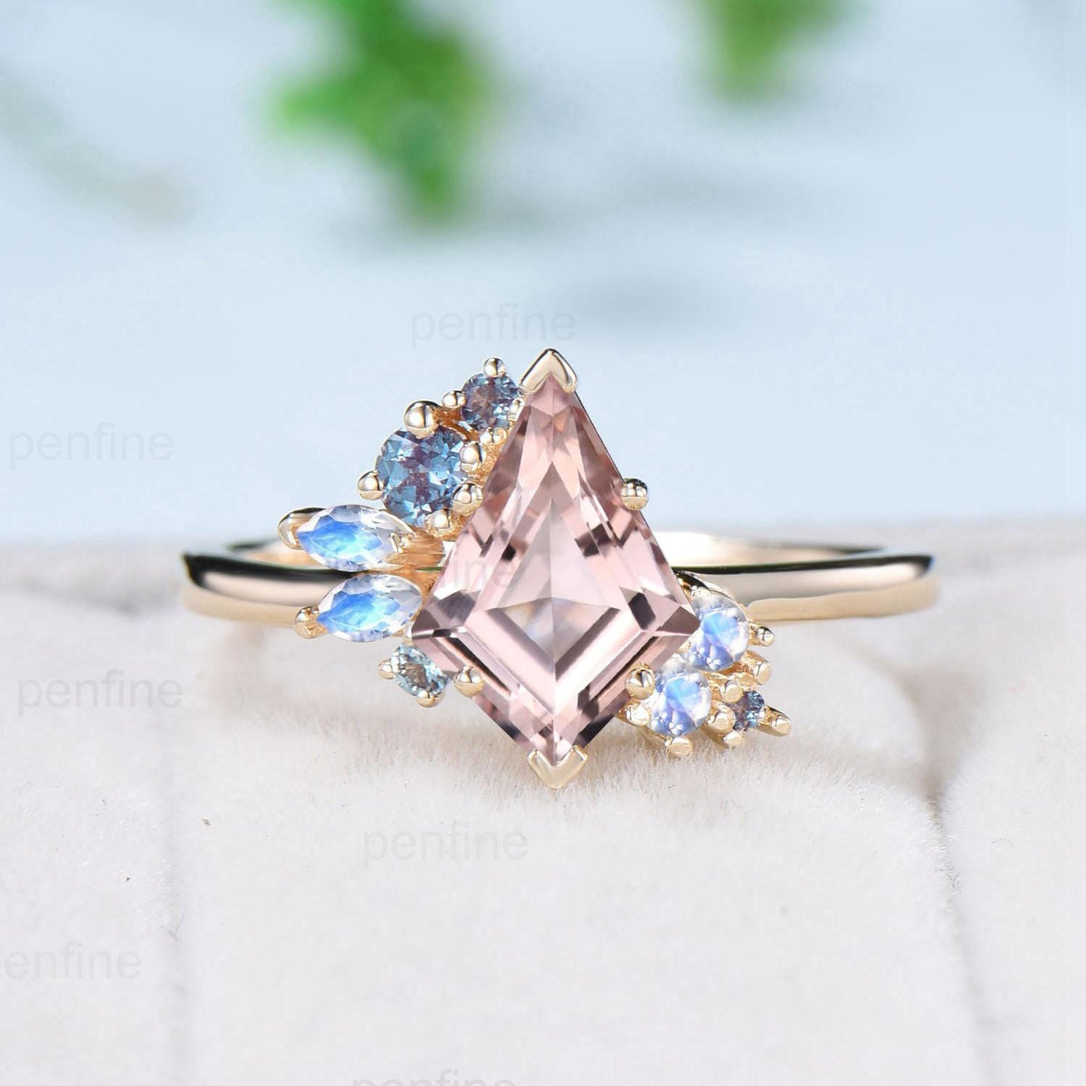 Vintage Kite cut morganite ring set rose gold morganite ring cluster alexandrite moonstone bridal wedding ring set anniversary promise gifts