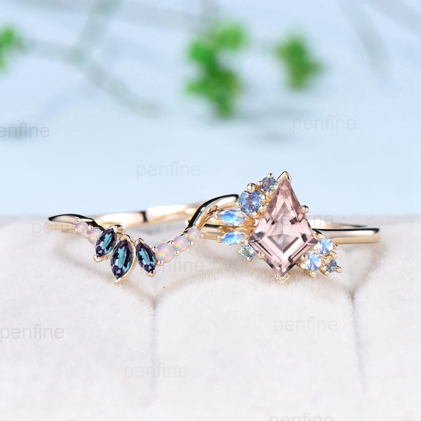 Vintage Kite cut morganite ring set rose gold morganite ring cluster alexandrite moonstone bridal wedding ring set anniversary promise gifts
