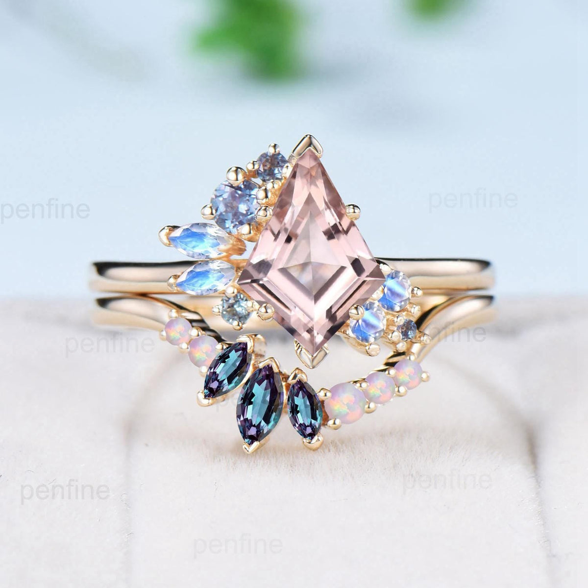Vintage Kite cut morganite ring set rose gold morganite ring cluster alexandrite moonstone bridal wedding ring set anniversary promise gifts