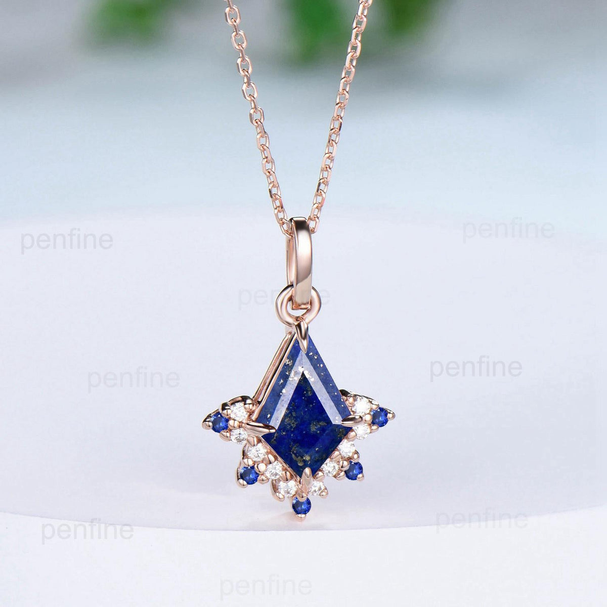 Vintage Kite Cut lapis lazuli Pendant Necklace Blue Sapphire Pendant Silver 14k/18k rose gold moissanite promise engagement gift for women