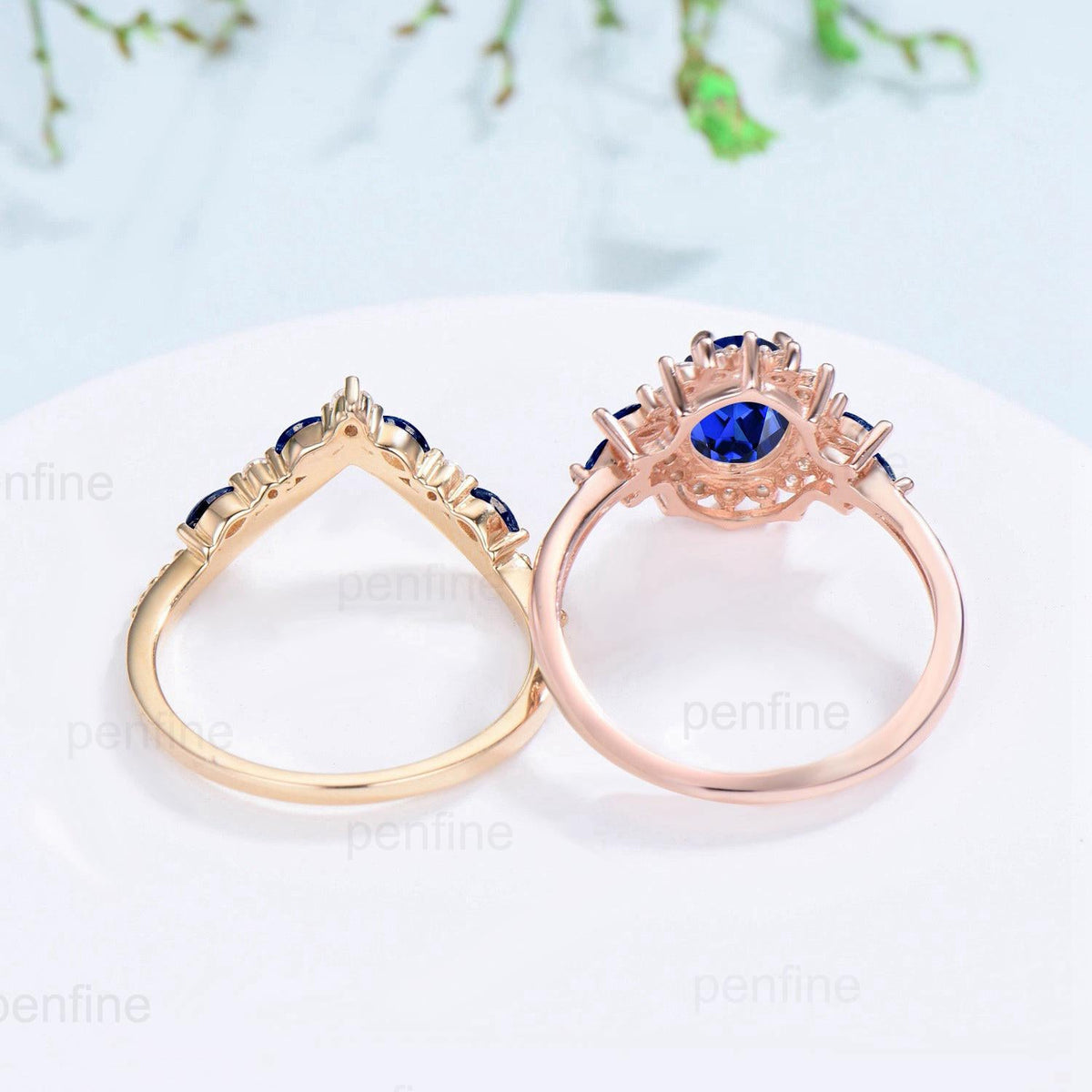 Vintage Oval Cut Blue Sapphire Engagement Ring Set Unique June Birthstone Promise Ring Cluster Moissanite Ring Handmade Wedding Bridal Sets