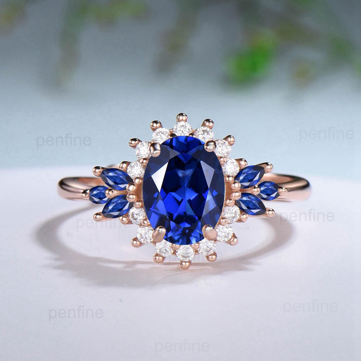 Vintage Oval Cut Blue Sapphire Engagement Ring Set Unique June Birthstone Promise Ring Cluster Moissanite Ring Handmade Wedding Bridal Sets