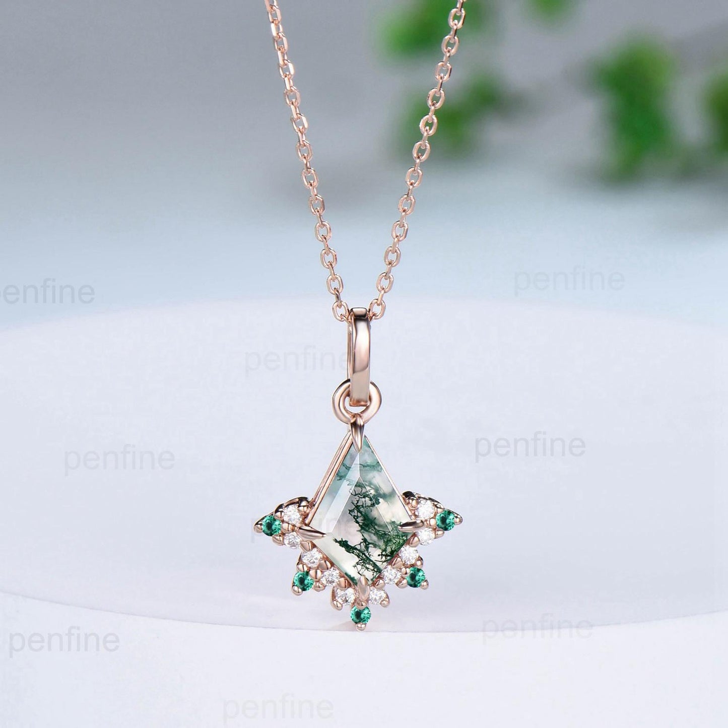 Art Deco Natural Moss Agate Necklace Vintage Kite Cut Green Agate Pendant Silver 14k/18k rose gold emerald promise engagement gift for women