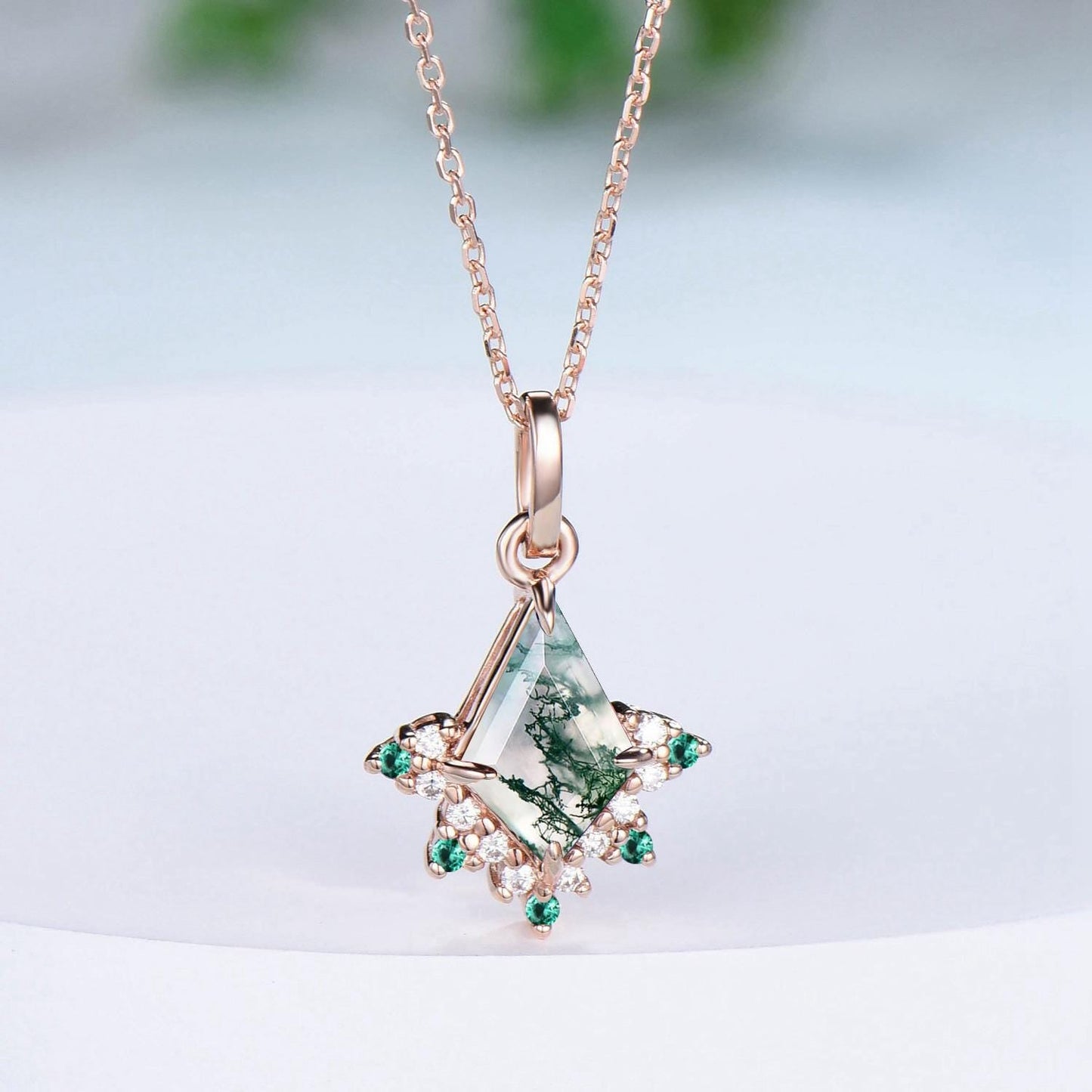 Art Deco Natural Moss Agate Necklace Vintage Kite Cut Green Agate Pendant Silver 14k/18k rose gold emerald promise engagement gift for women