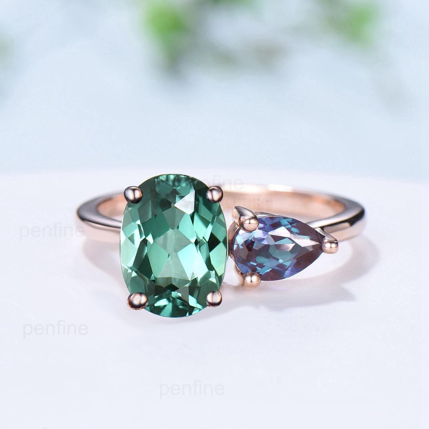 Minimalist Two stone oval green sapphire and pear shaped alexandrite engagement ring rose gold simple wedding ring anniversary bridal gifts