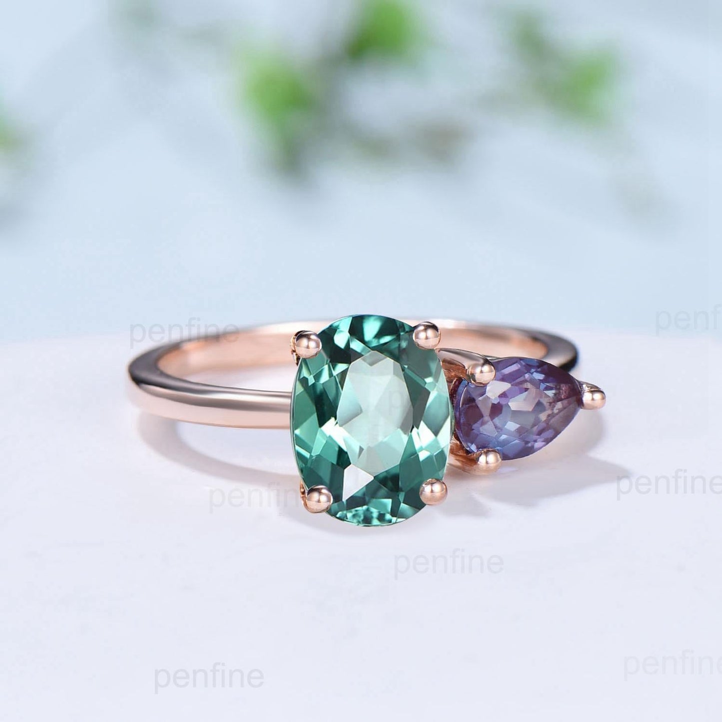 Minimalist Two stone oval green sapphire and pear shaped alexandrite engagement ring rose gold simple wedding ring anniversary bridal gifts