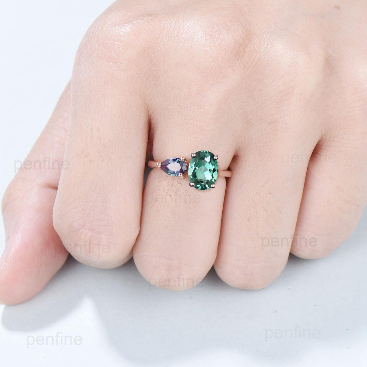 Minimalist Two stone oval green sapphire and pear shaped alexandrite engagement ring rose gold simple wedding ring anniversary bridal gifts