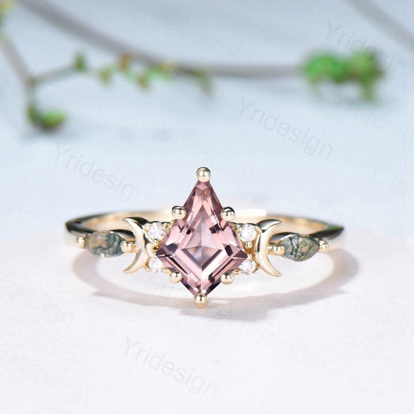Vintage kite cut nature morganite engagement ring set Unique crescent moon star moss agate wedding set anniversary gift bridal set for women