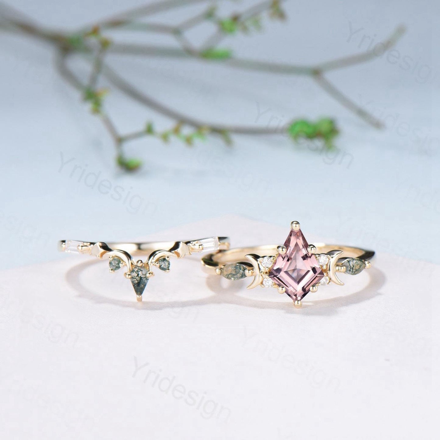 Vintage kite cut nature morganite engagement ring set Unique crescent moon star moss agate wedding set anniversary gift bridal set for women