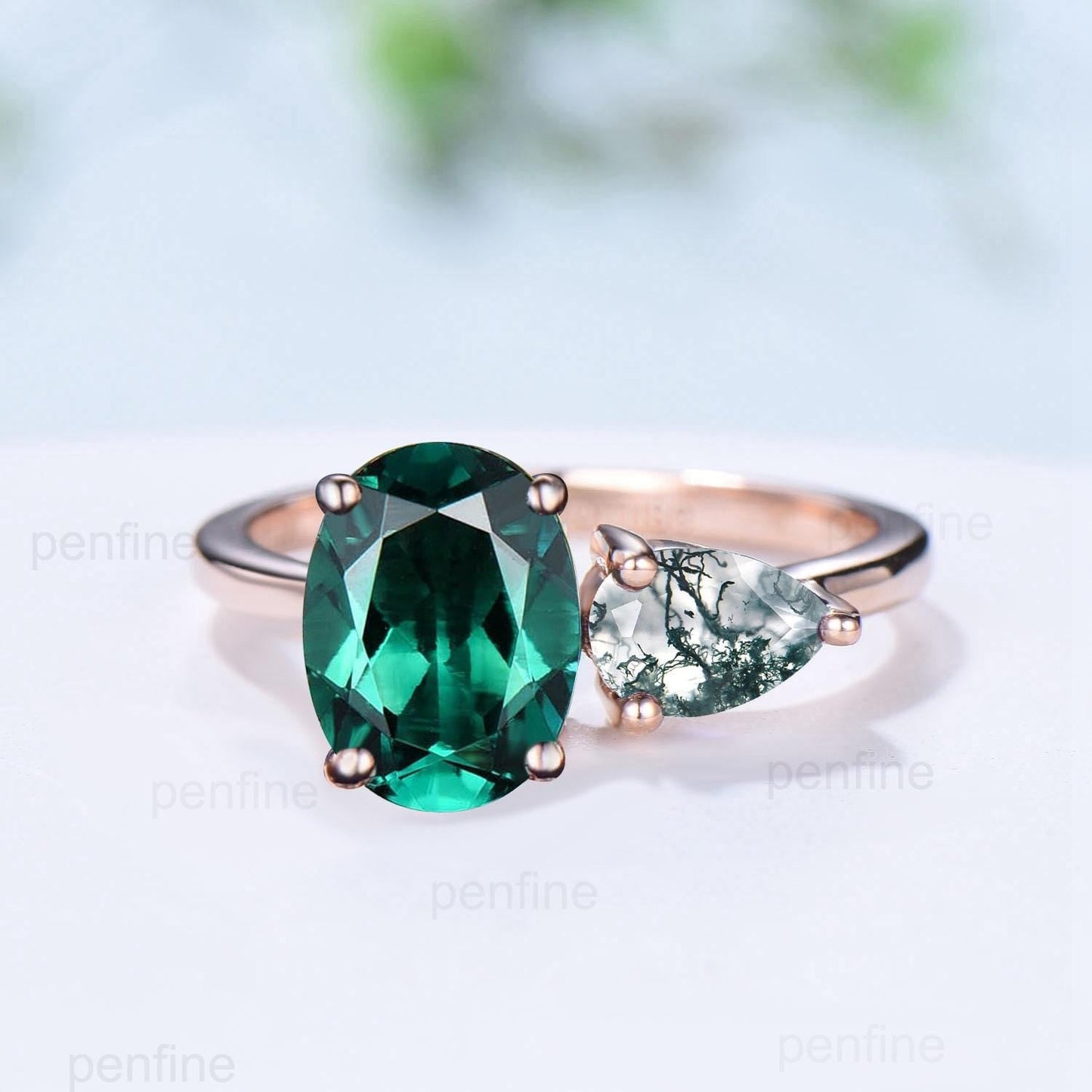Two stone oval emerald and pear shaped moss agate engagement ring rose gold simple minimalist wedding ring anniversary bridal gifts for her