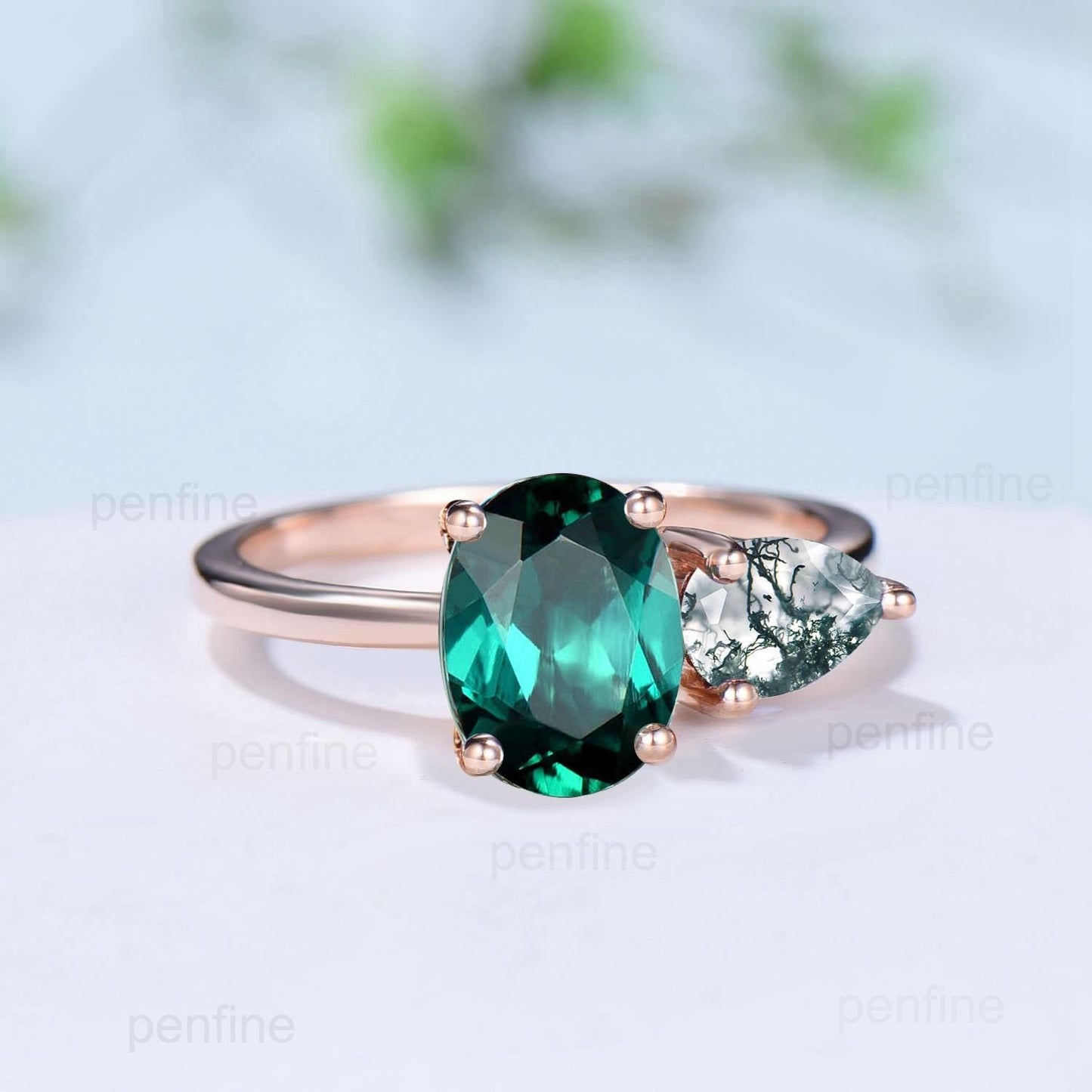 Two stone oval emerald and pear shaped moss agate engagement ring rose gold simple minimalist wedding ring anniversary bridal gifts for her