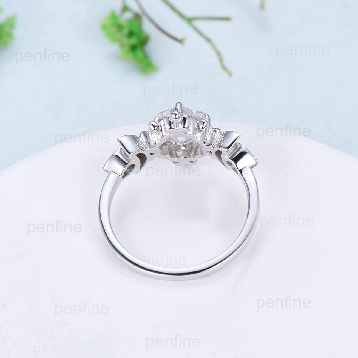 Floral Hexagon Green Teal Sapphire Engagement Ring Crescent Moon Cluster Opal Sapphire Wedding Ring Unique Promise Ring Handmade Bridal Gift