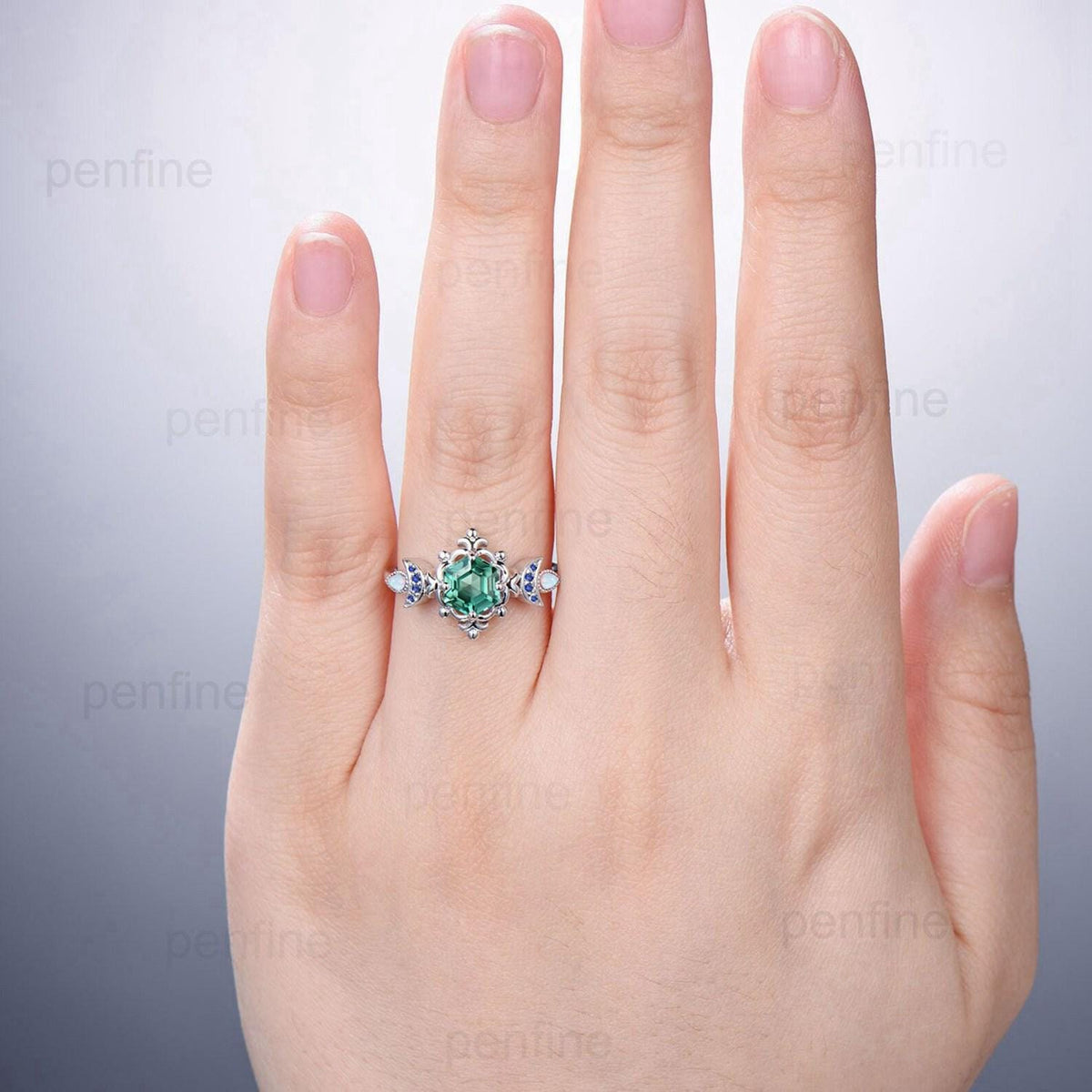 Floral Hexagon Green Teal Sapphire Engagement Ring Crescent Moon Cluster Opal Sapphire Wedding Ring Unique Promise Ring Handmade Bridal Gift