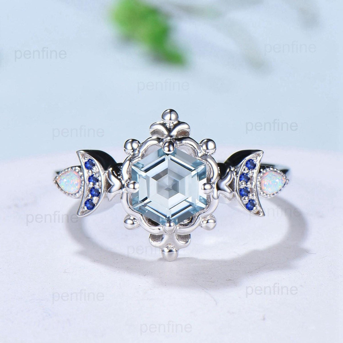 Floral Hexagon Natural Aquamarine Engagement Ring Crescent Moon Cluster Opal Sapphire Wedding Ring Unique Promise Ring Handmade Bridal Gift