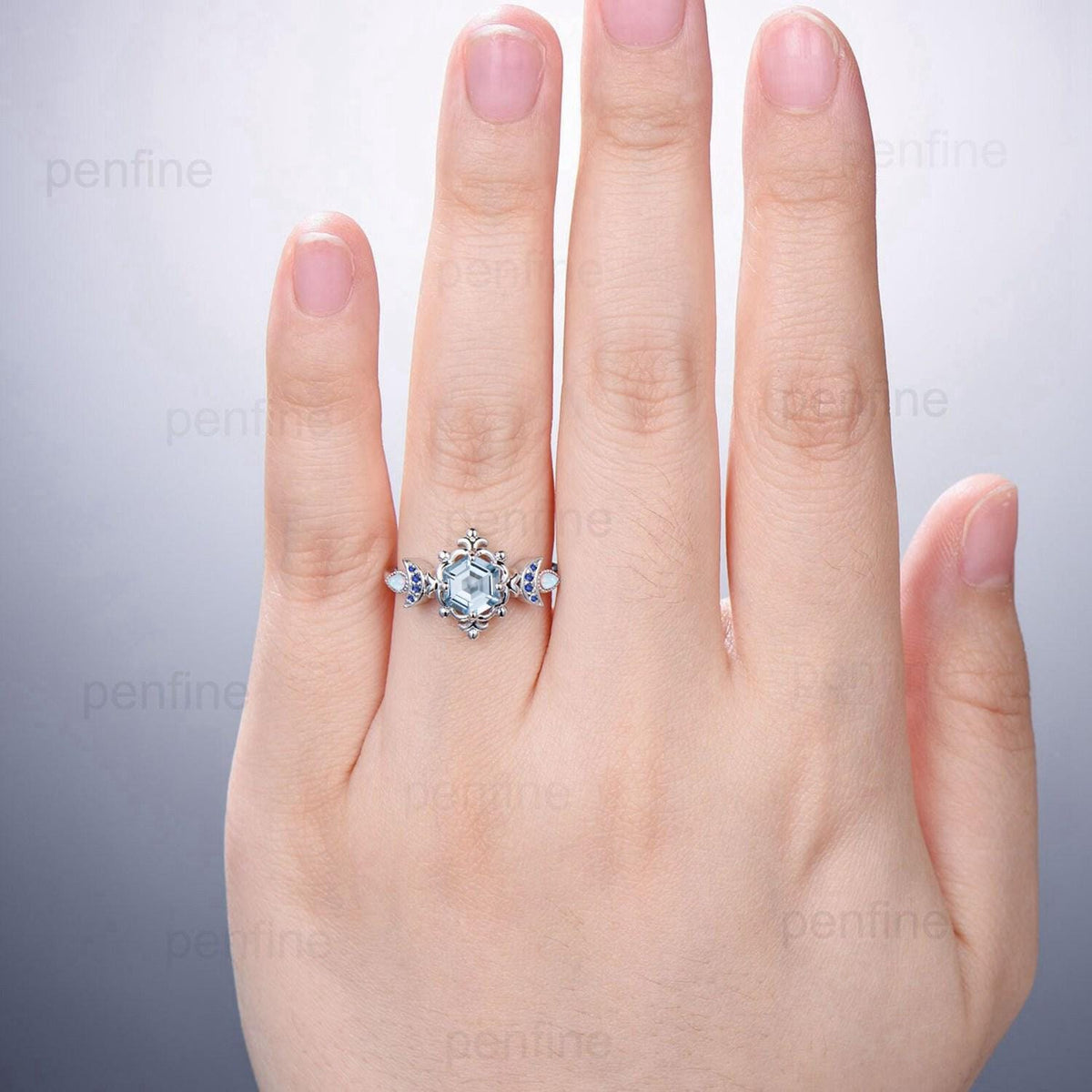 Floral Hexagon Natural Aquamarine Engagement Ring Crescent Moon Cluster Opal Sapphire Wedding Ring Unique Promise Ring Handmade Bridal Gift