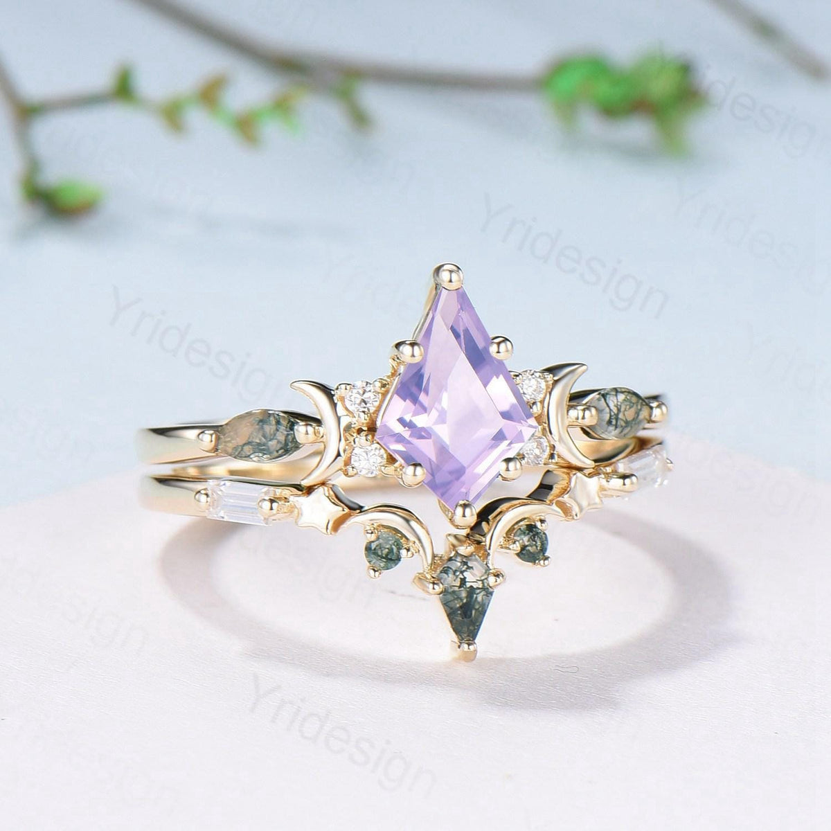 Vintage Kite Cut Natural Lavender Amethyst Engagement Ring Set Unique Yellow Gold Moon Star Wedding Ring Set Moss Agate Promise Bridal Ring