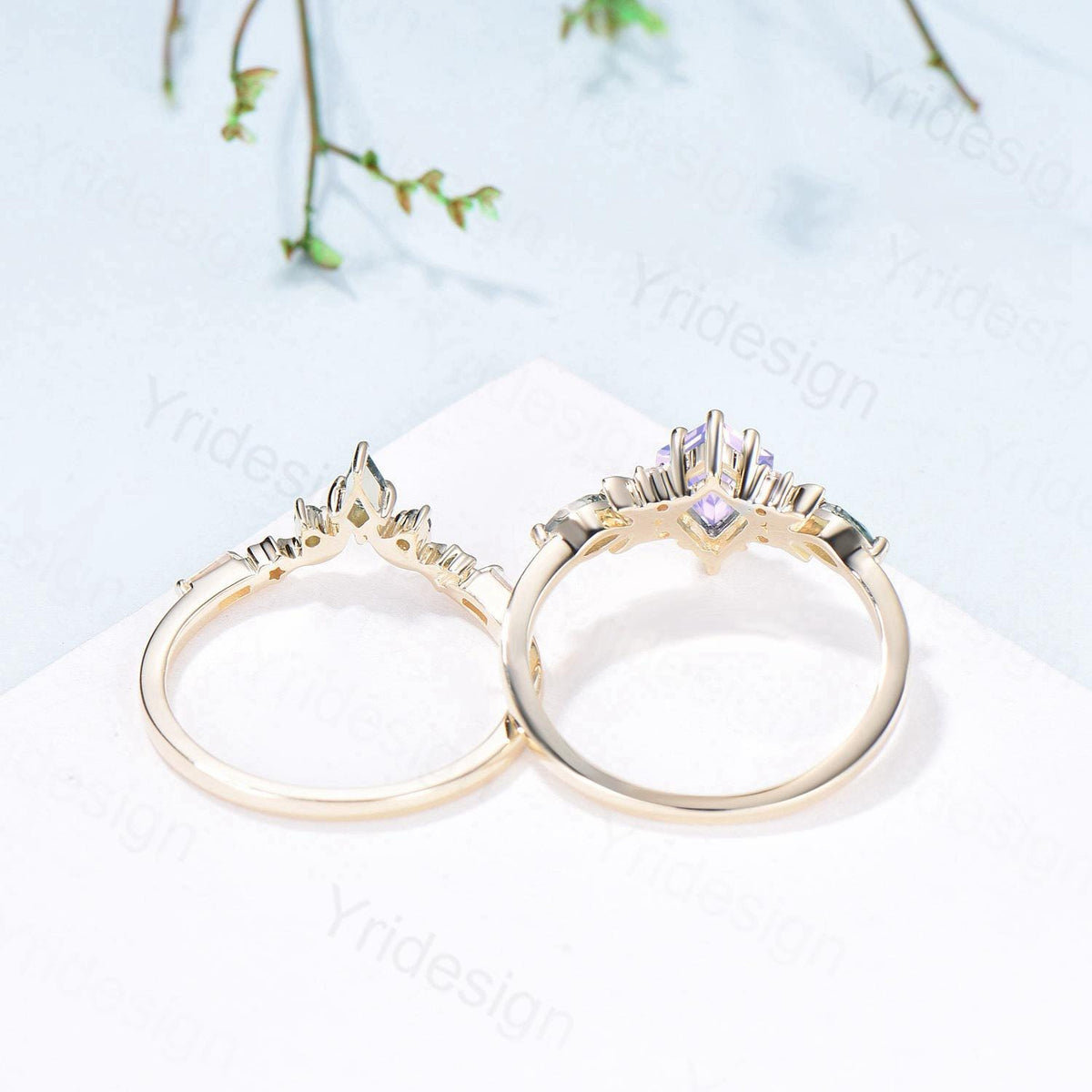 Vintage Kite Cut Natural Lavender Amethyst Engagement Ring Set Unique Yellow Gold Moon Star Wedding Ring Set Moss Agate Promise Bridal Ring
