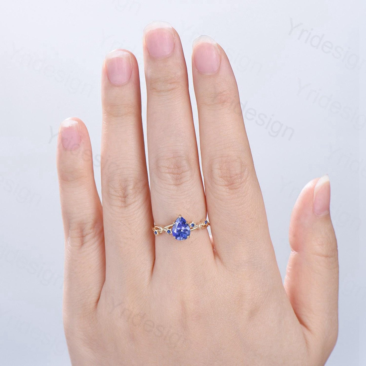 Vintage Natural Tanzanite Engagement Ring Pear Shaped Yellow Gold Moon Star Wedding Ring Blue Sapphire Anniversary Promise Ring For Women