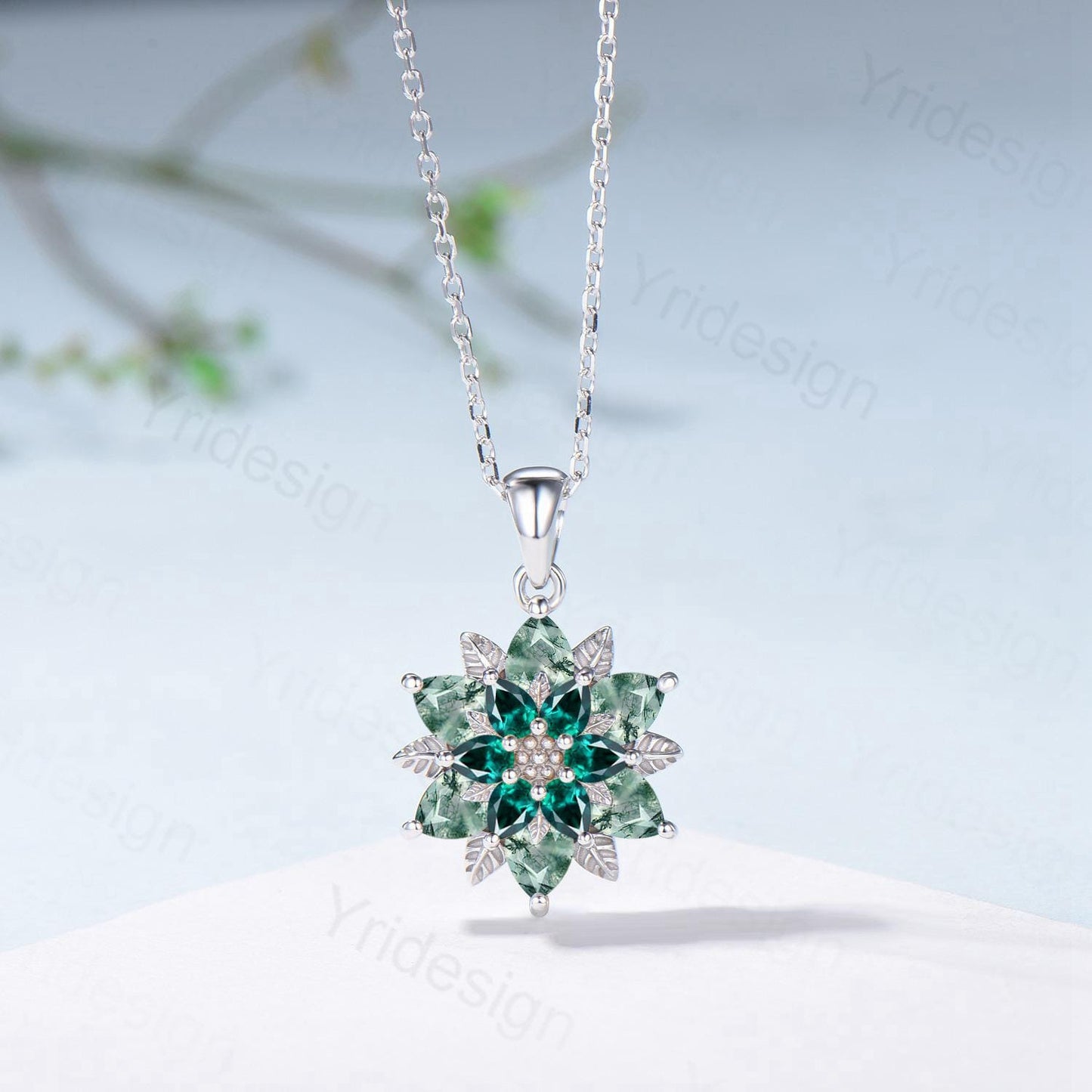 Unique Sunflower Moss Agate Necklace Elegant Natural Inspired Agate Emerald Necklace Double Halo Floral Pendant Leaf Vine Anniversary Gift