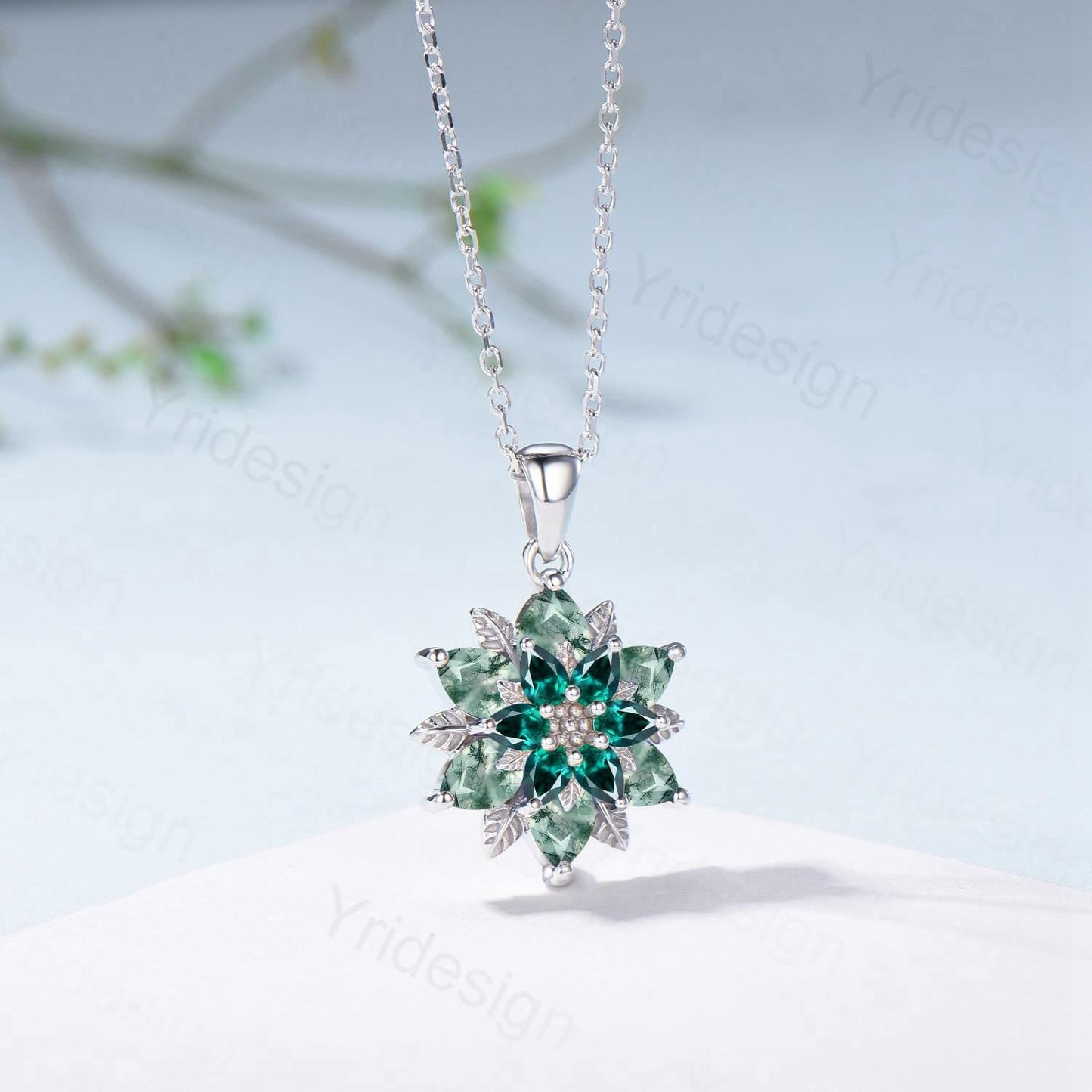 Unique Sunflower Moss Agate Necklace Elegant Natural Inspired Agate Emerald Necklace Double Halo Floral Pendant Leaf Vine Anniversary Gift