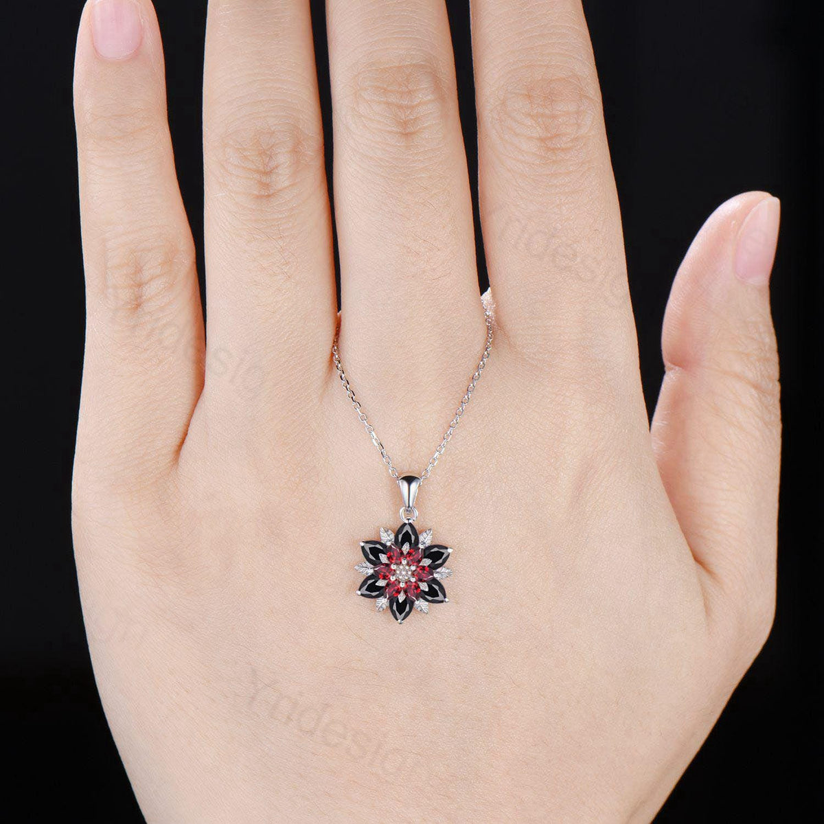 Unique Sunflower Garnet Necklace Elegant Gothic Black Spinel Necklace Women Double Halo Floral Pendant Leaf Vine Anniversary Promise Gift