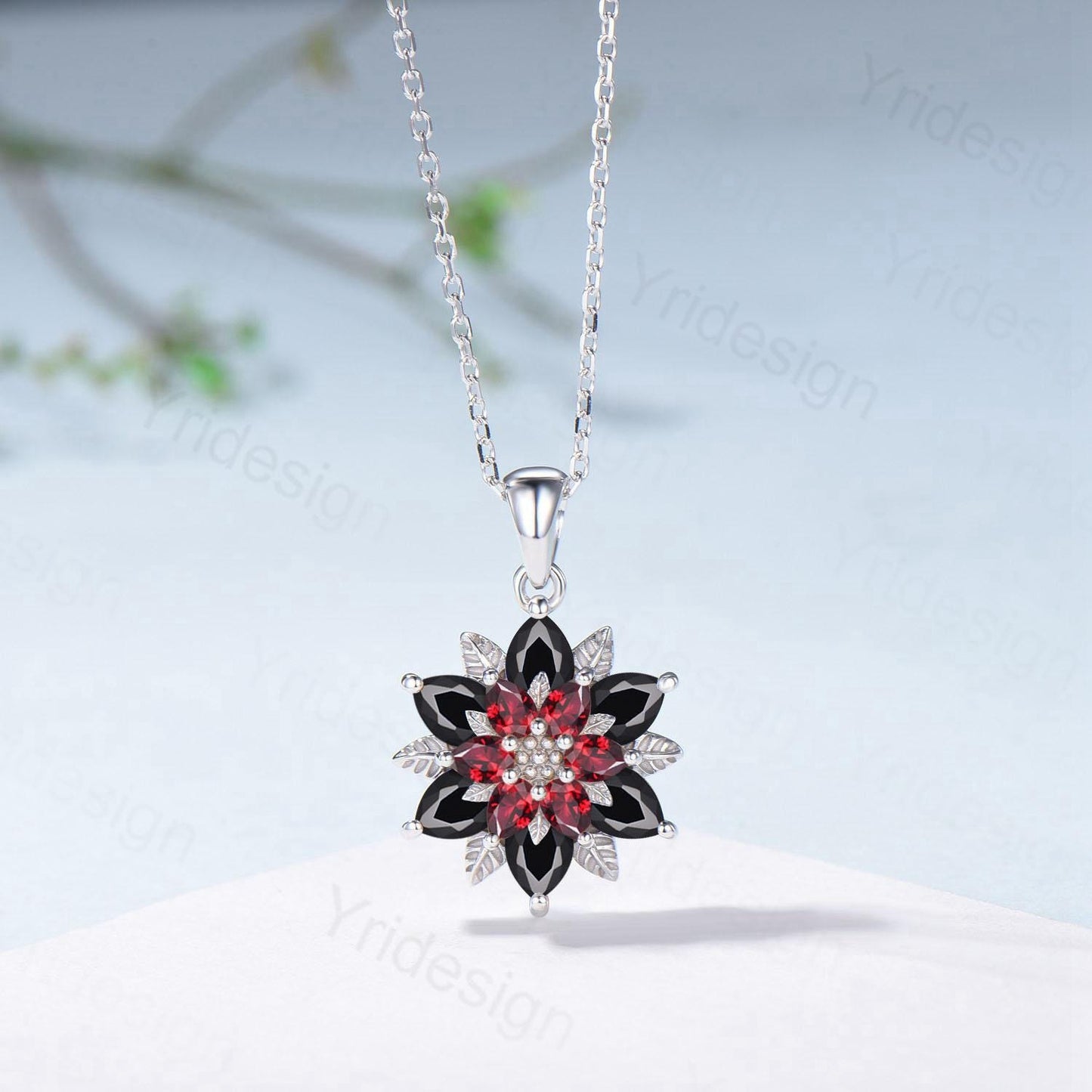 Unique Sunflower Garnet Necklace Elegant Gothic Black Spinel Necklace Women Double Halo Floral Pendant Leaf Vine Anniversary Promise Gift