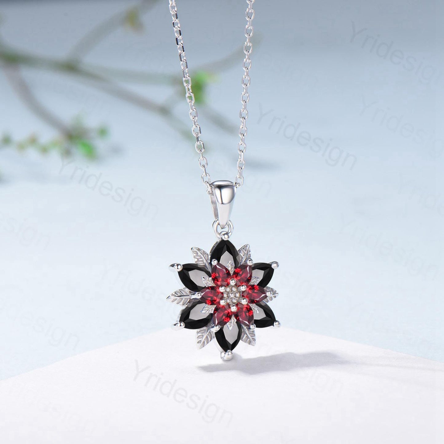 Unique Sunflower Garnet Necklace Elegant Gothic Black Spinel Necklace Women Double Halo Floral Pendant Leaf Vine Anniversary Promise Gift