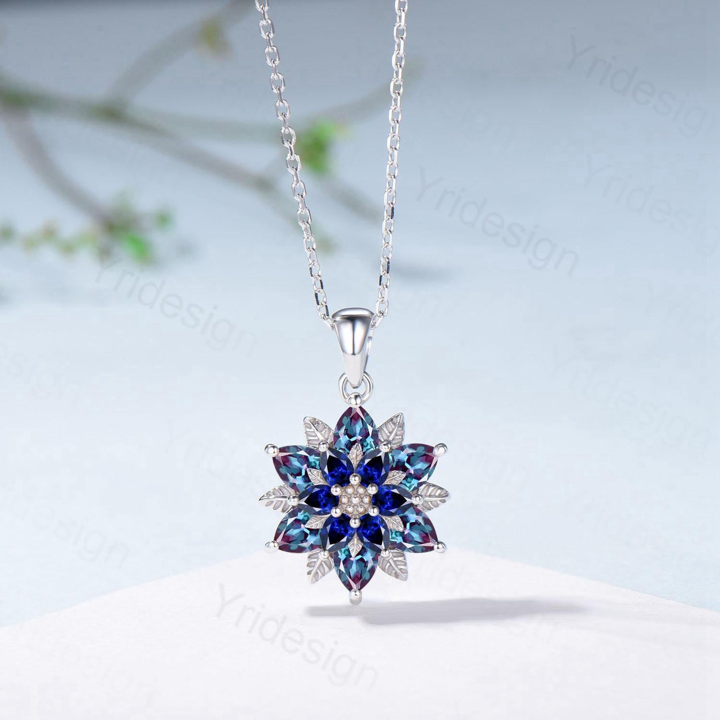 Unique Sunflower Alexandrite Necklace Art Deco Sapphire Pendant Necklace Double Halo Floral Pendant Leaf Vine Anniversary Promise Gift