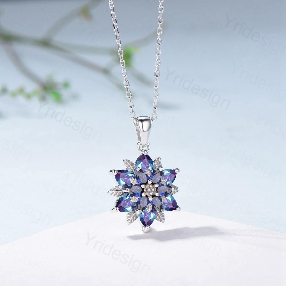 Unique Sunflower Alexandrite Necklace Art Deco Sapphire Pendant Necklace Double Halo Floral Pendant Leaf Vine Anniversary Promise Gift