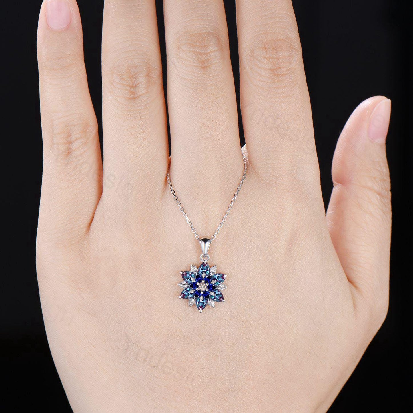Unique Sunflower Alexandrite Necklace Art Deco Sapphire Pendant Necklace Double Halo Floral Pendant Leaf Vine Anniversary Promise Gift