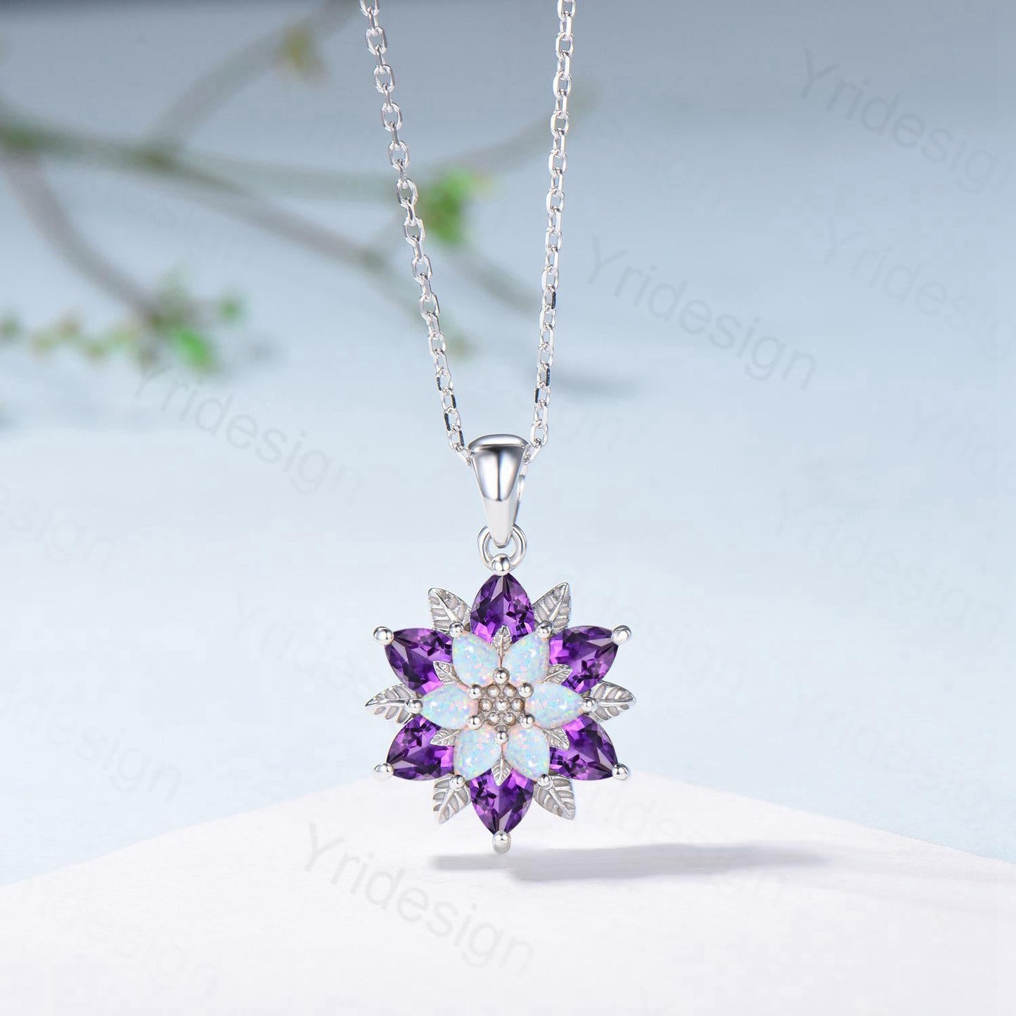 Unique Sunflower White Opal Amethyst Necklace Elegant Natural Inspired Double Halo Floral Pendant Leaf Vine Anniversary Promise Gift