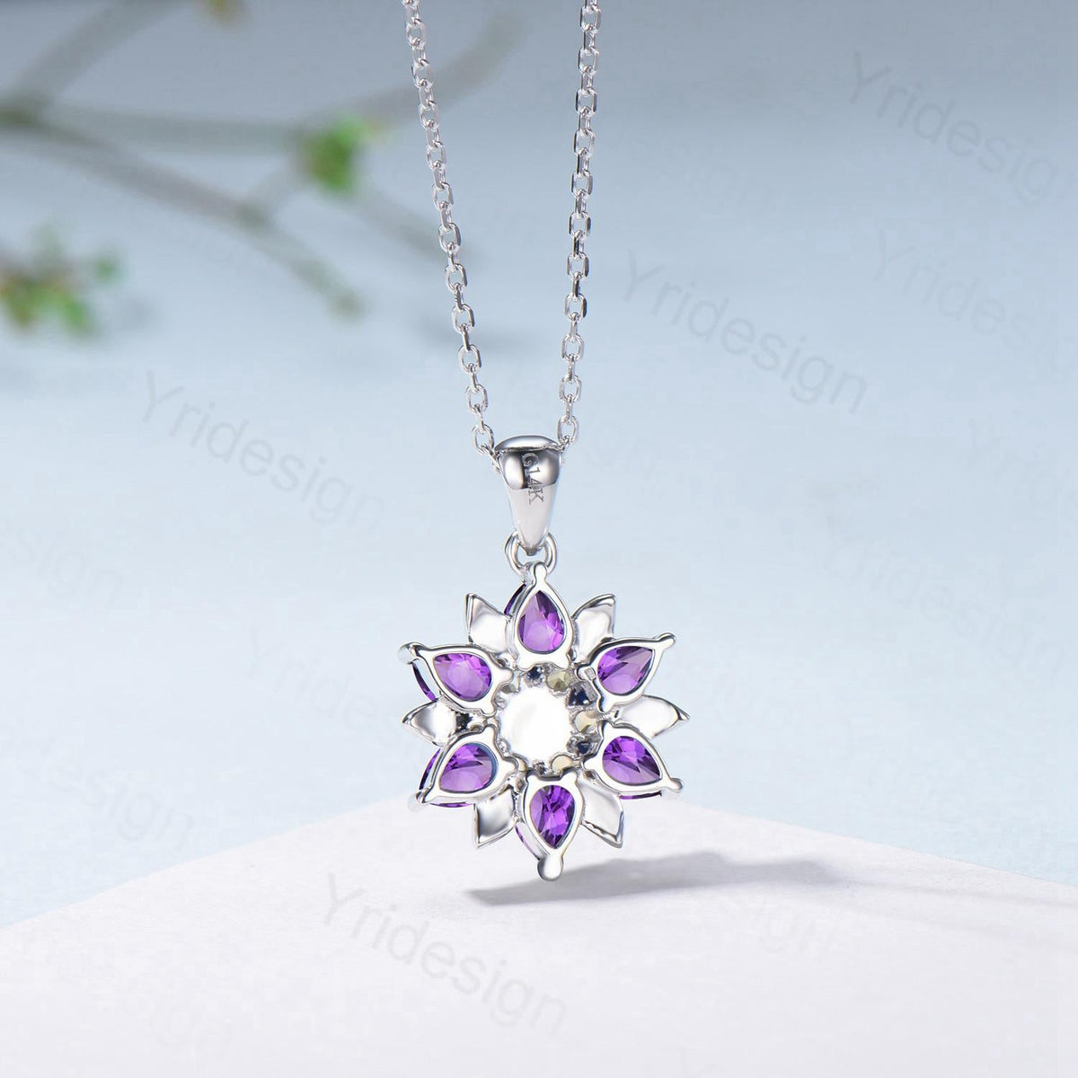 Unique Sunflower White Opal Amethyst Necklace Elegant Natural Inspired Double Halo Floral Pendant Leaf Vine Anniversary Promise Gift