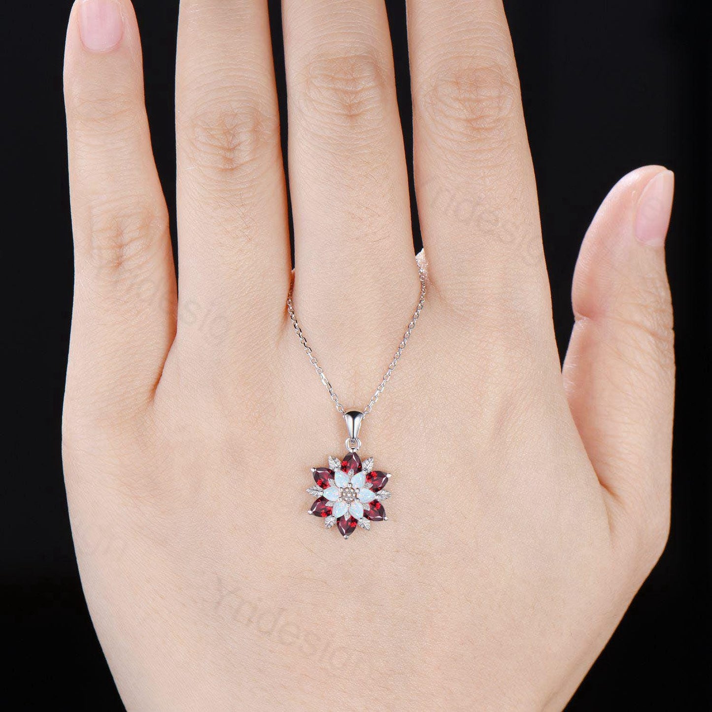 Unique Sunflower Opal Ruby Necklace Elegant Natural Inspired Necklace Double Halo Ruby Opal Floral Pendant Jewelry Anniversary Promise Gift