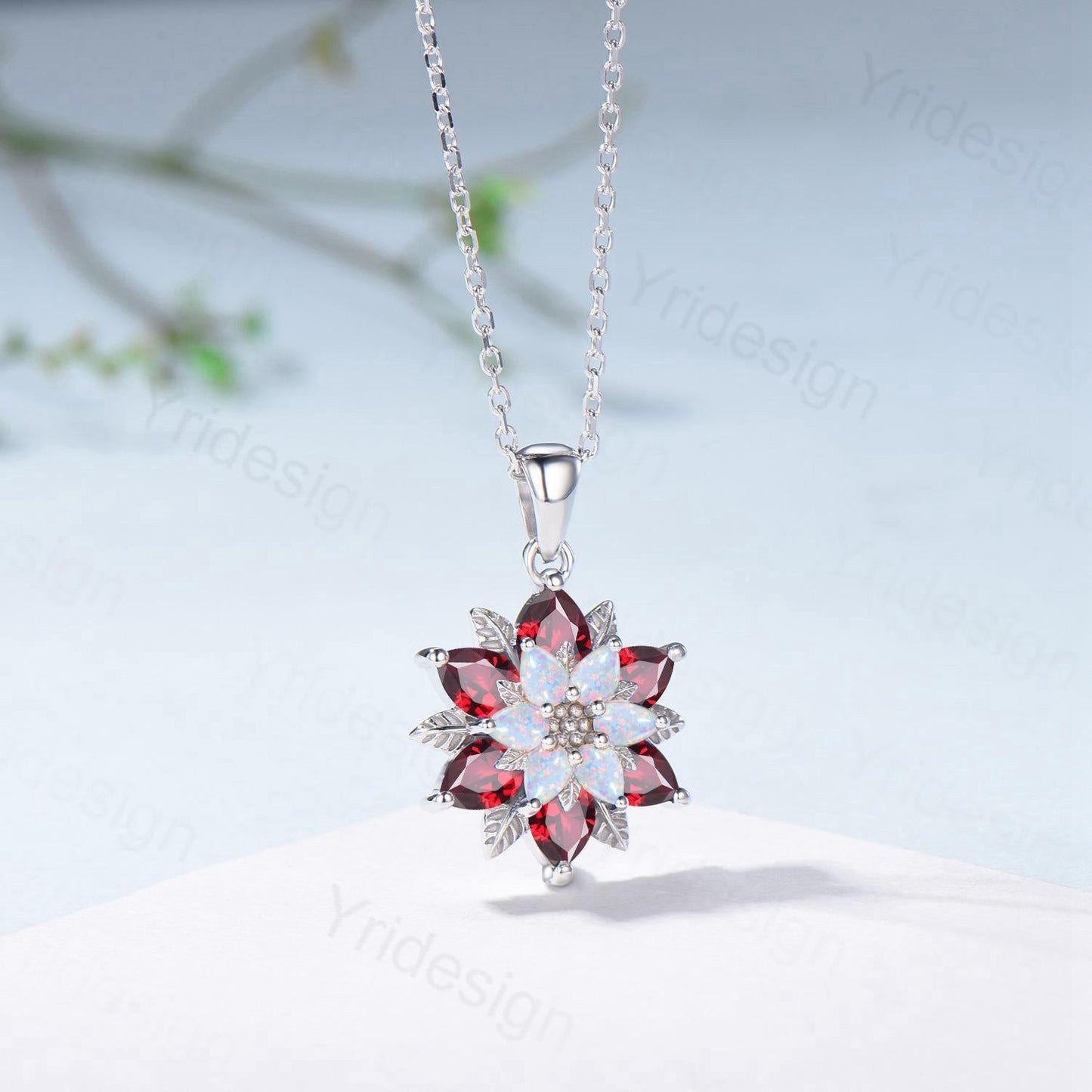Unique Sunflower Opal Ruby Necklace Elegant Natural Inspired Necklace Double Halo Ruby Opal Floral Pendant Jewelry Anniversary Promise Gift